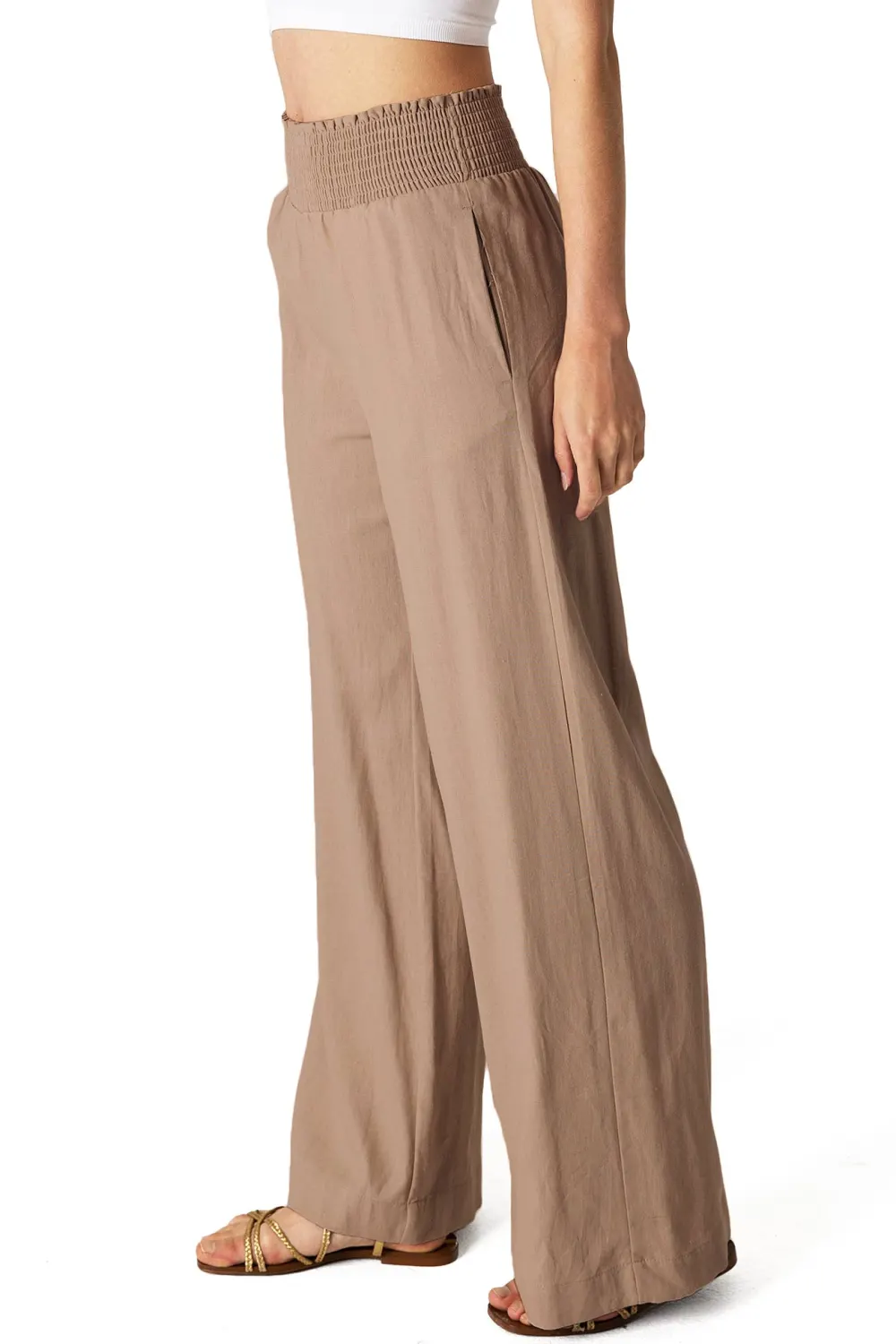 Tan Smocked - Waist Palazzo Pants