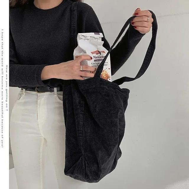 Tote Corduroy Daily Solid Color Black Pink Dark Green