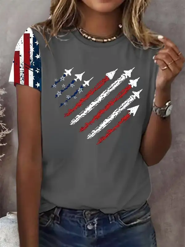 Woman'S Airplane Cigarette Print Round-Neck Short-Sleeve T-Shirt