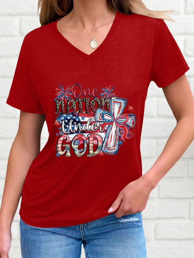 Woman'S One Nation Under God V-Neck And Short Sleeves T-Shirt