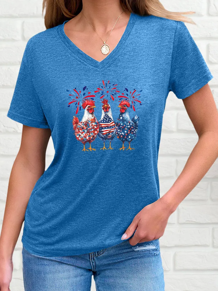 Woman'S Independence Day Fireworks Rooster T-Shirt With V-Neck And Short Sleeves