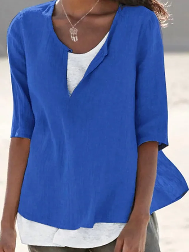 Women's Shirt Blouse Plain Black White Pink Half Sleeve Holiday Casual Beach V Neck Regular Fit