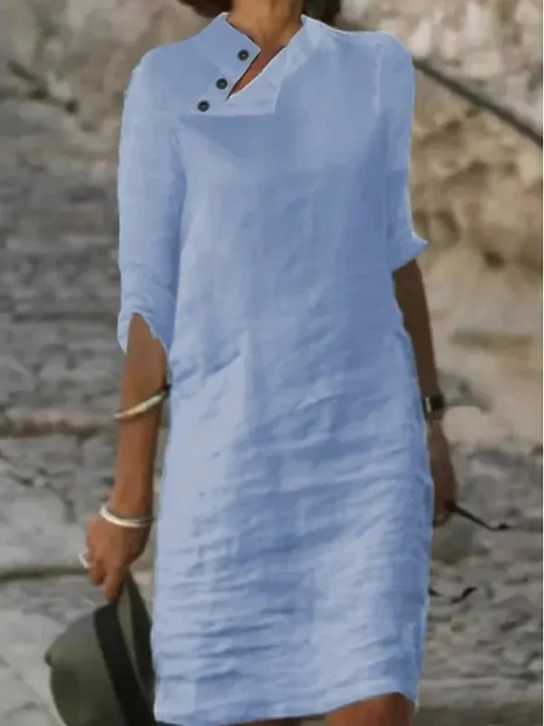 Women‘s Cotton Linen Dress Shirt Dress Casual Dress Shift Dress Midi Dress Cotton Blend Fashion Basic Outdoor Daily Vacation Stand Collar Button Half Sleeve Summer Spring 2023 Black White Blue Plain