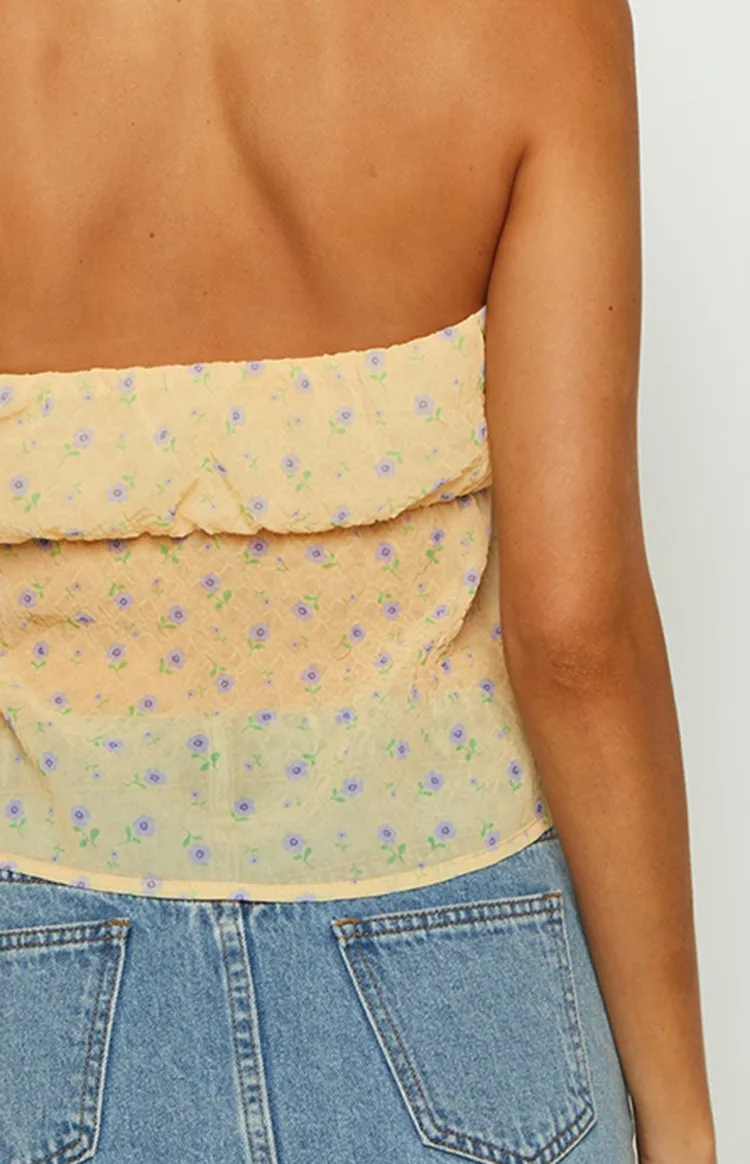 Yellow Floral Print Strapless Top