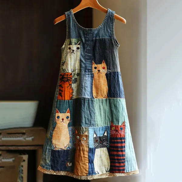 Casual Pop Art Patchwork Denim Cat Dress