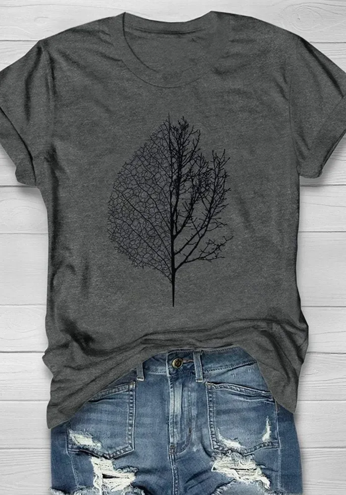 Women's Casual Leaves and Trees Forest Print Short Sleeve T-Shirt
