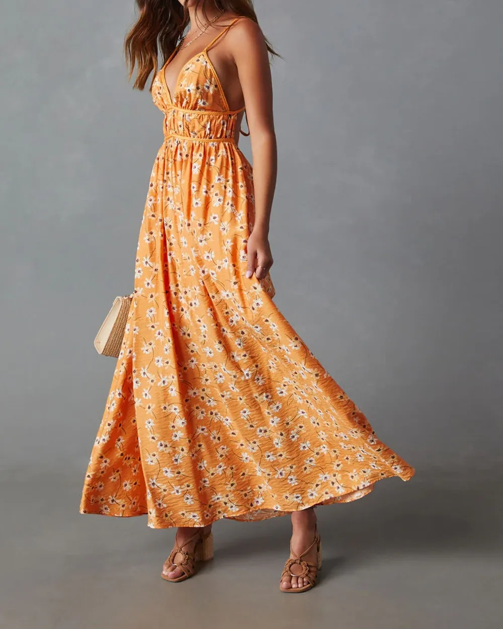 Braided Tie Floral Print Maxi Dress