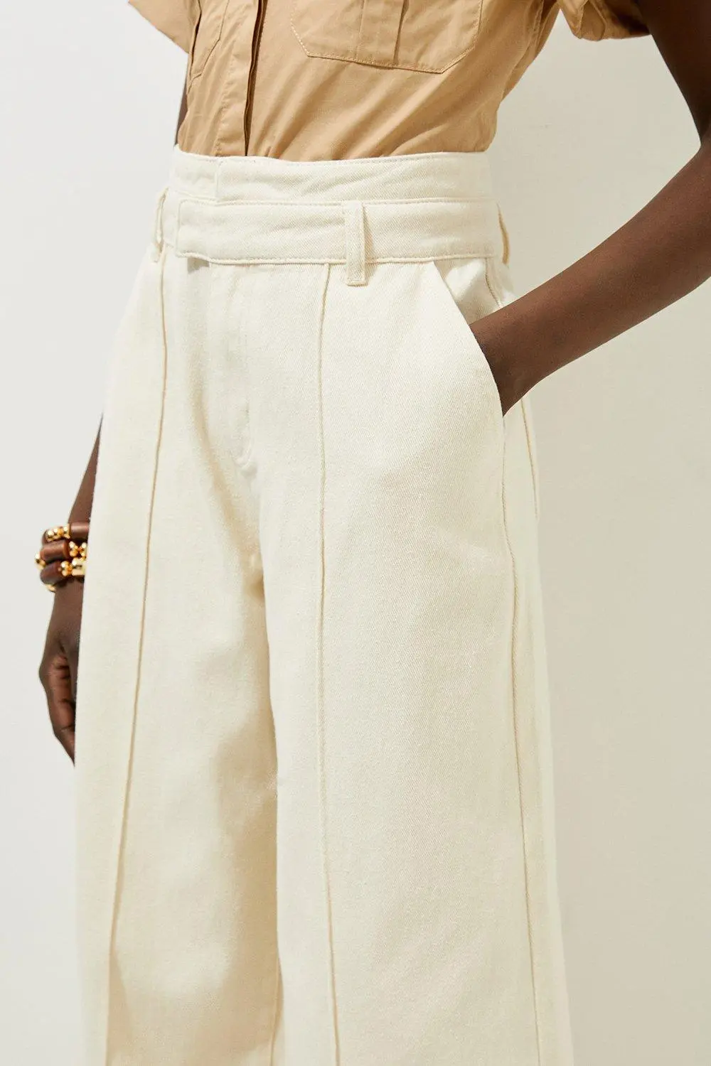 Non-Stretch Denim Waistband Detail Wide Leg Trousers