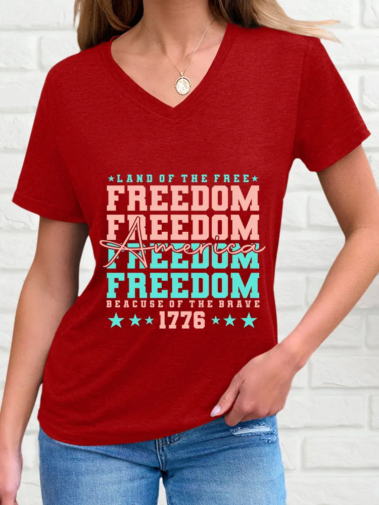 Woman'S America Freedom V-Neck And Short Sleeves T-Shirt