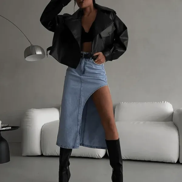 Denim High Waist Slit Midi Skirt