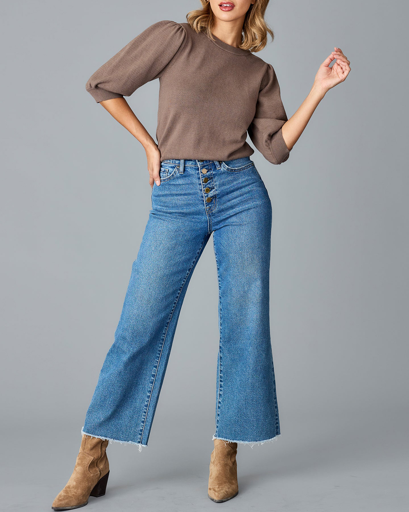 Puff Style Long Sleeves Brown Sweater