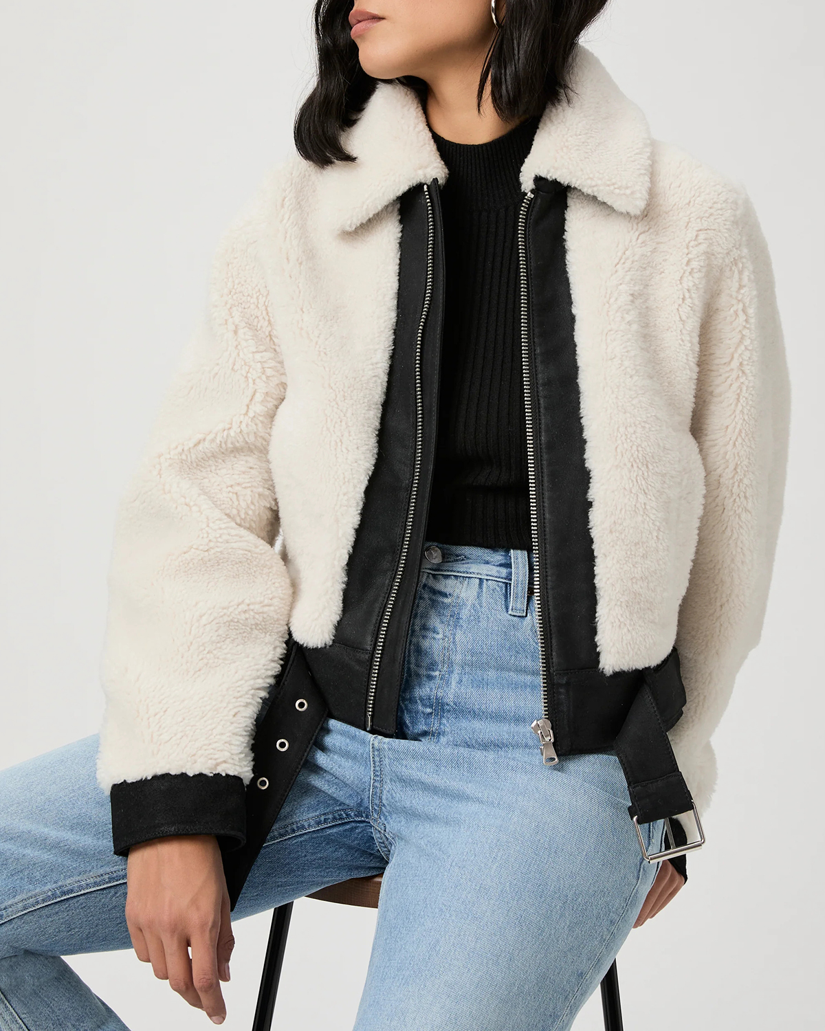 Black And White Faux Fur Trimmed Jacket