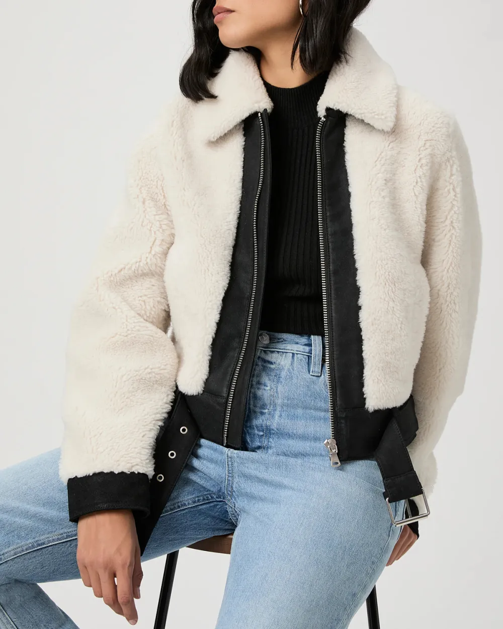 Black And White Faux Fur Trimmed Jacket