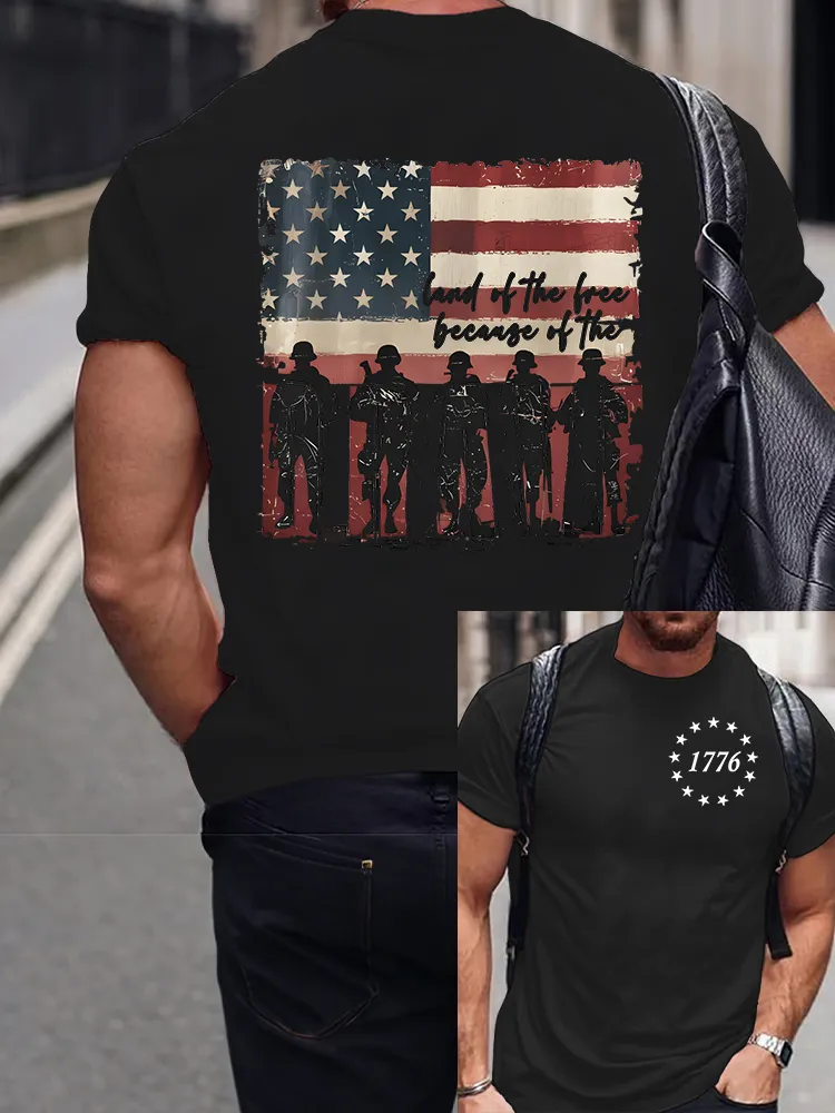Men's Land Of The Free Because Of The Brave Round-Neck Short-Sleeved T-Shirt