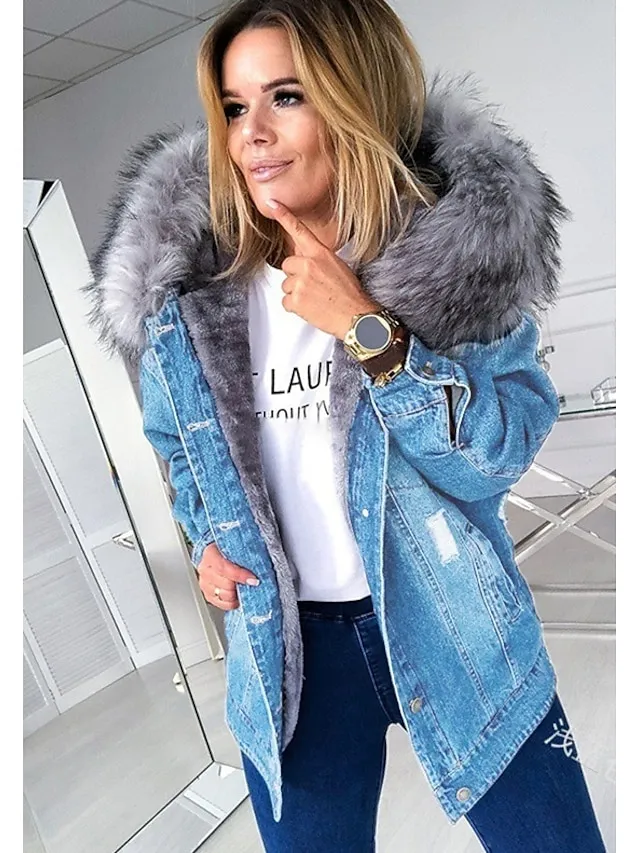 Women's Denim Jacket Hoodie Jacket Daily Fall Winter Regular Coat Loose Fit Streetwear Jacket Long Sleeve Pocket Black Blue Grey