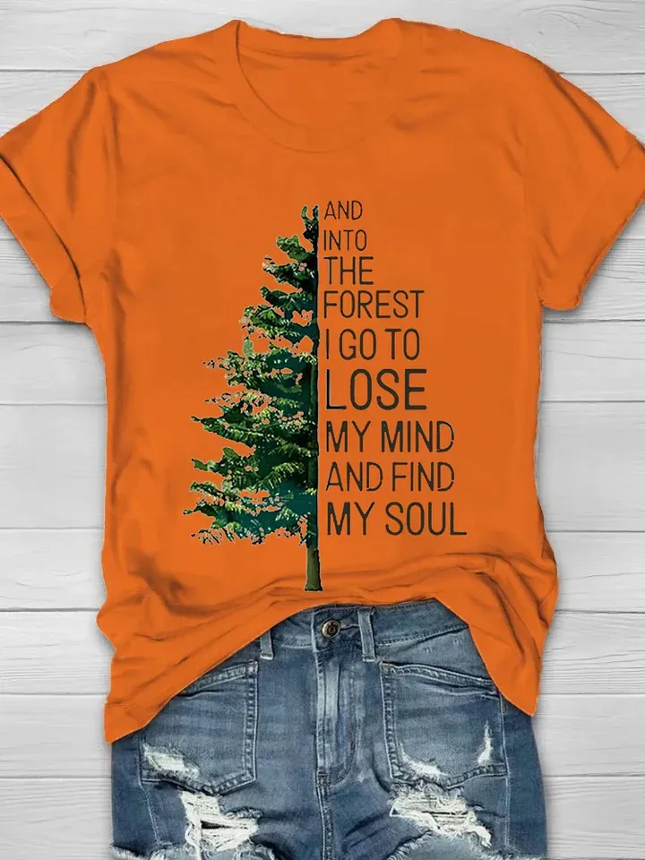 Women's Casual Natural Forest Print Short Sleeve Crew Neck T-Shirt
