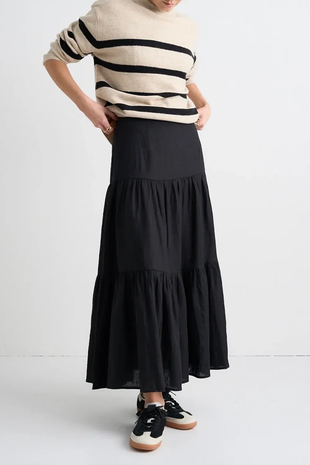 Ruffled Hem Linen Midi Skirt