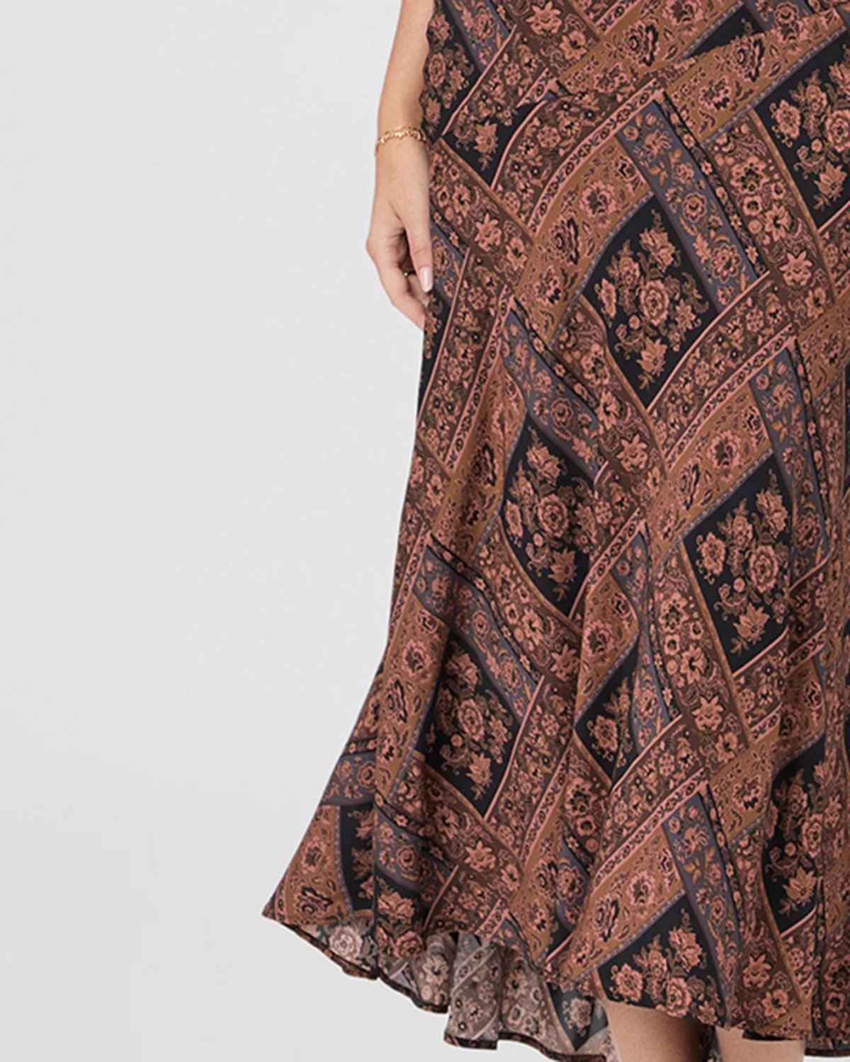 Brown And Black Geometric Print Spaghetti Strap Midi Dress