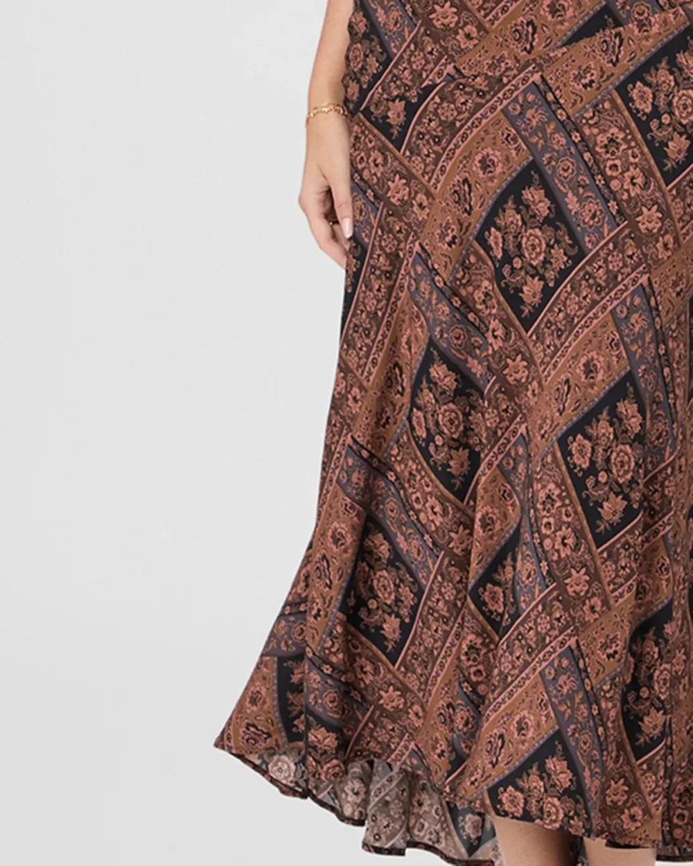 Brown And Black Geometric Print Spaghetti Strap Midi Dress