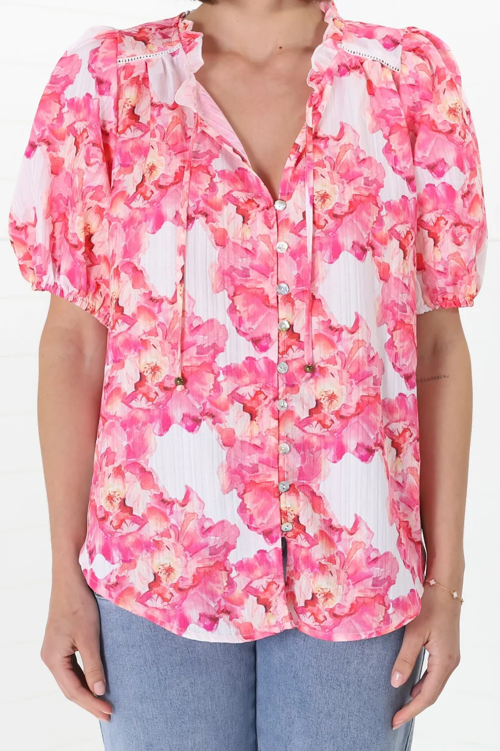 Pink Floral Print V Neck Puff Sleeve Top