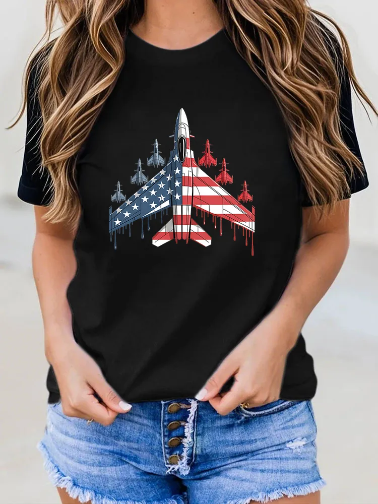 Woman'S Stars And Stripes Airplane Print Round-Neck Short-Sleeved T-Shirt