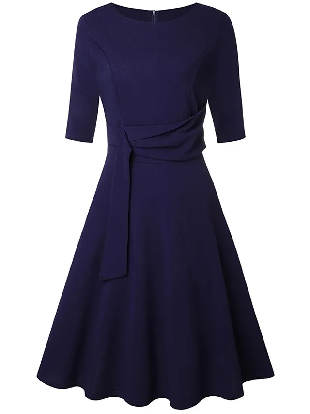 Women's A Line Dress Knee Length Dress Dark Green Navy Blue Beige 3/4 Length Sleeve Pure Color Lace up Fall Spring Round Neck Stylish Elegant Casual Party Slim 2023 S M L XL XXL