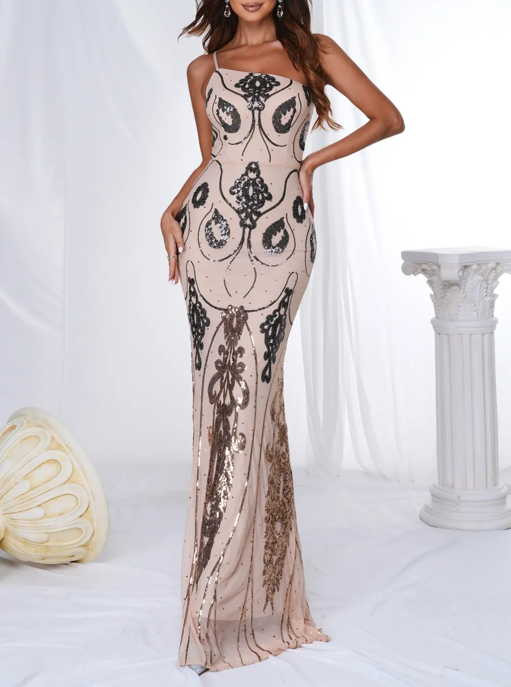 One Shoulder Spaghetti Graphic Prom Dress