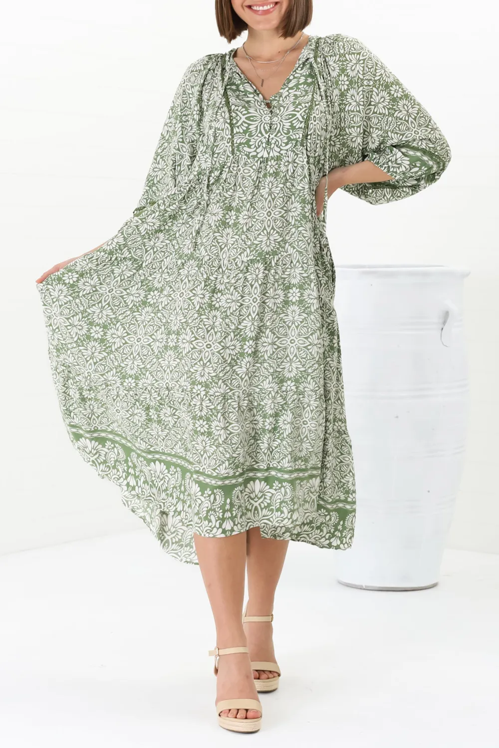 Green Patterned Lantern Sleeve Midi Dress