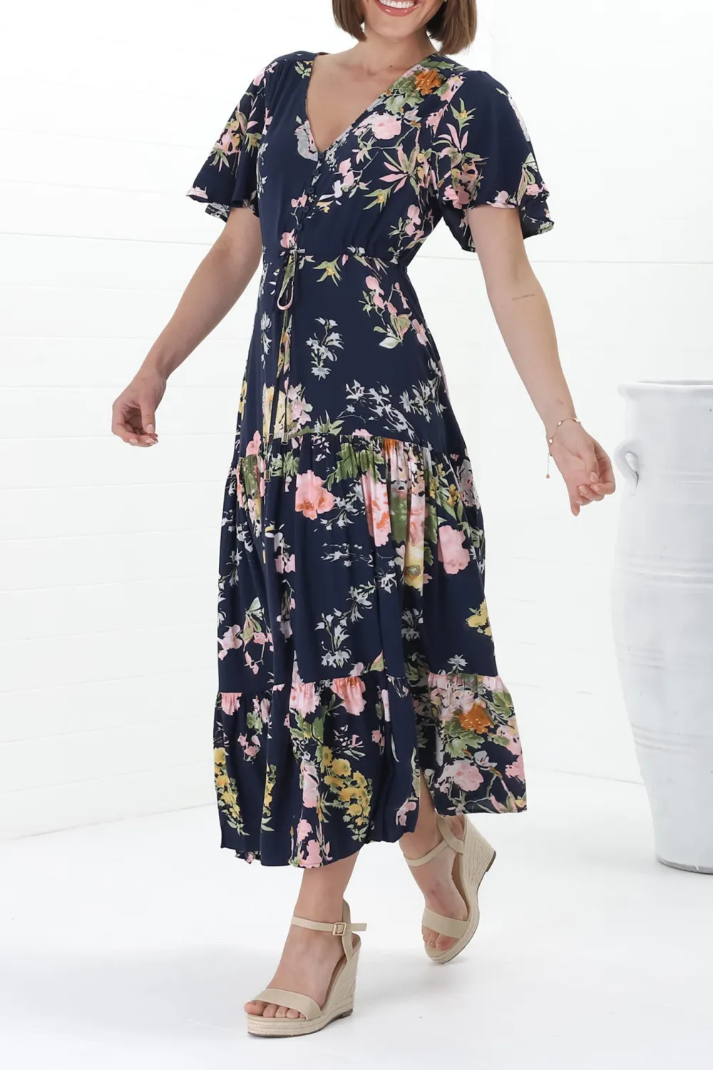 Navy Blue Floral Print Flutter Sleeve Maxi  Dress