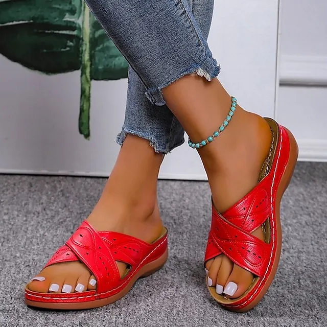 Women's Sandals Flat Sandals Orthopedic Sandals Bunion Sandals Outdoor Daily Beach Summer Flat Heel Round Toe Open Toe Classic Minimalism Walking Shoes Synthetics Loafer Solid Colored Black Red Brown
