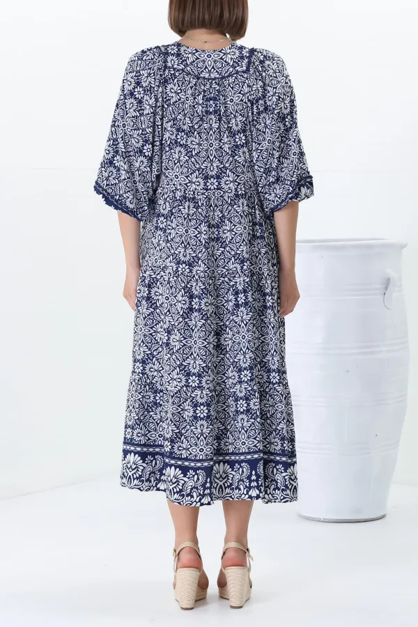 Blue Patterned Half Sleeve Midi Dress