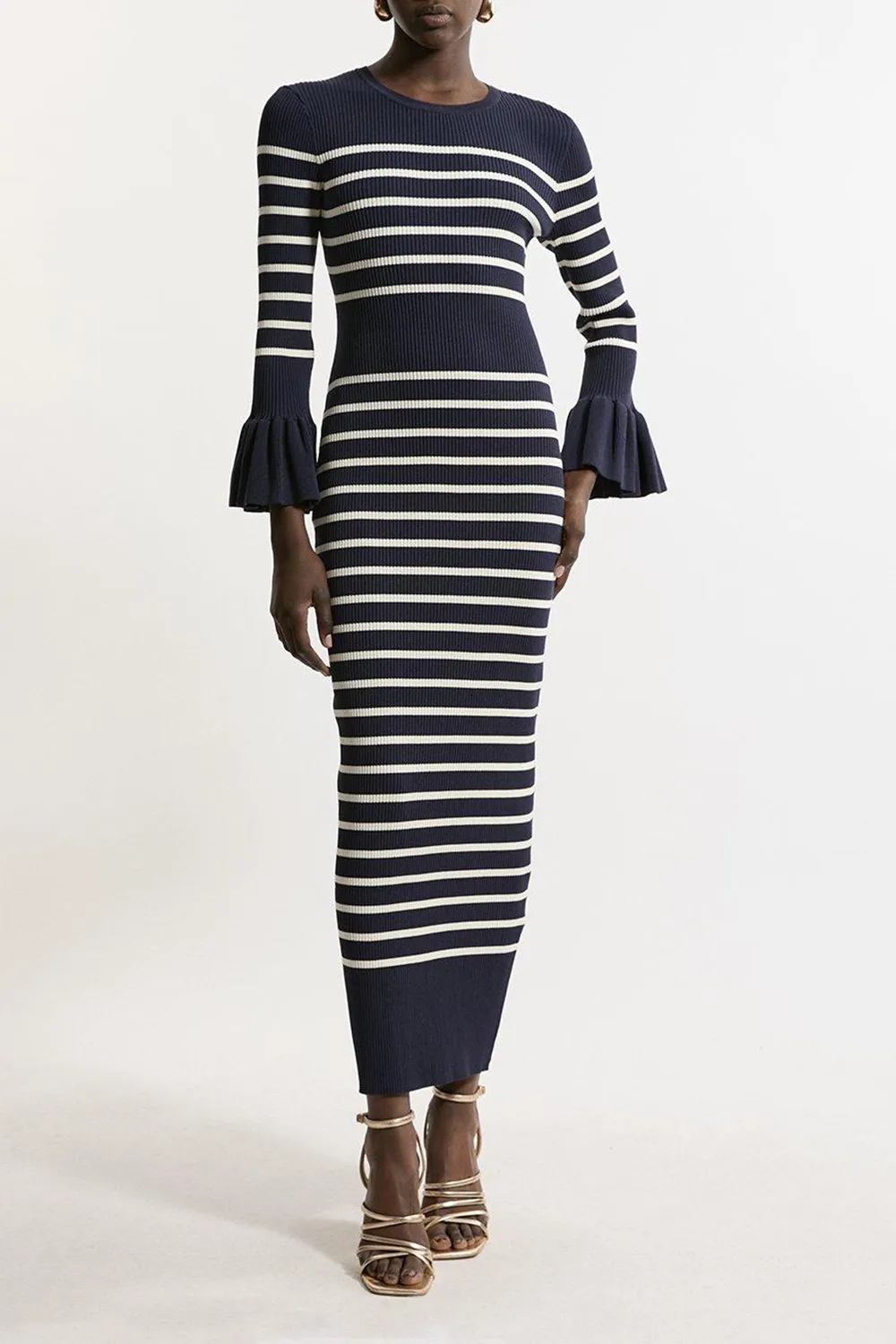 Trumpet Sleeve Rib Knit Midi Dress