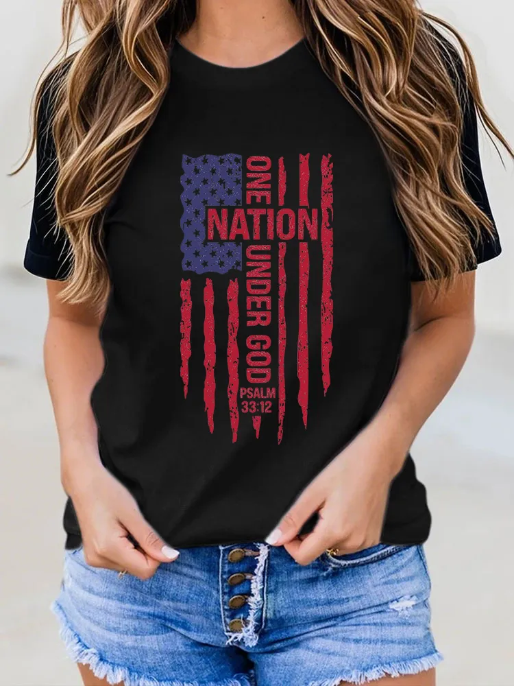 One Nation Under God Psalm 33:12 Print Round-Neck Short-Sleeved T-Shirt