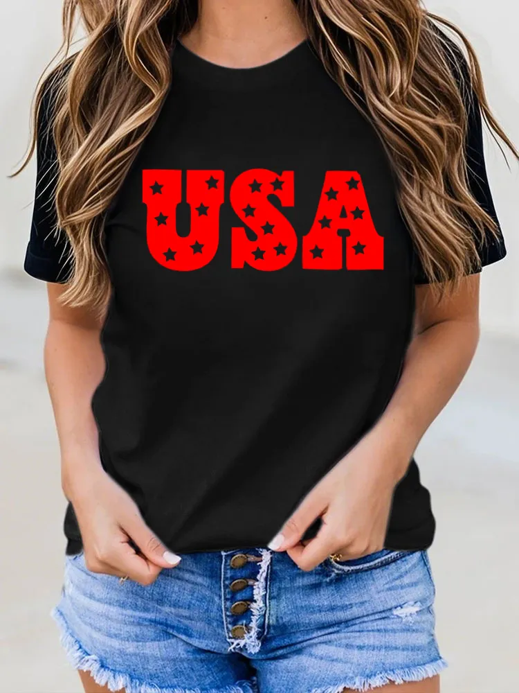 USA Print Round-Neck Short-Sleeved T-Shirt