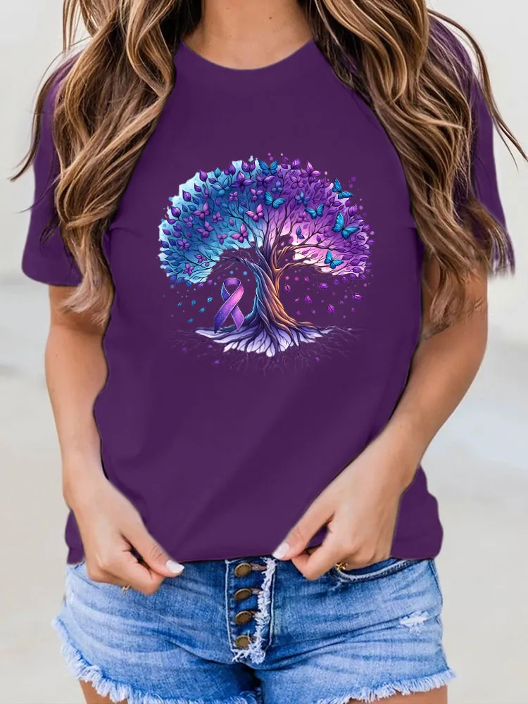 Women'S Round-Neck T-Shirt Alzheimer'S Awareness Butterfly Tree Prints