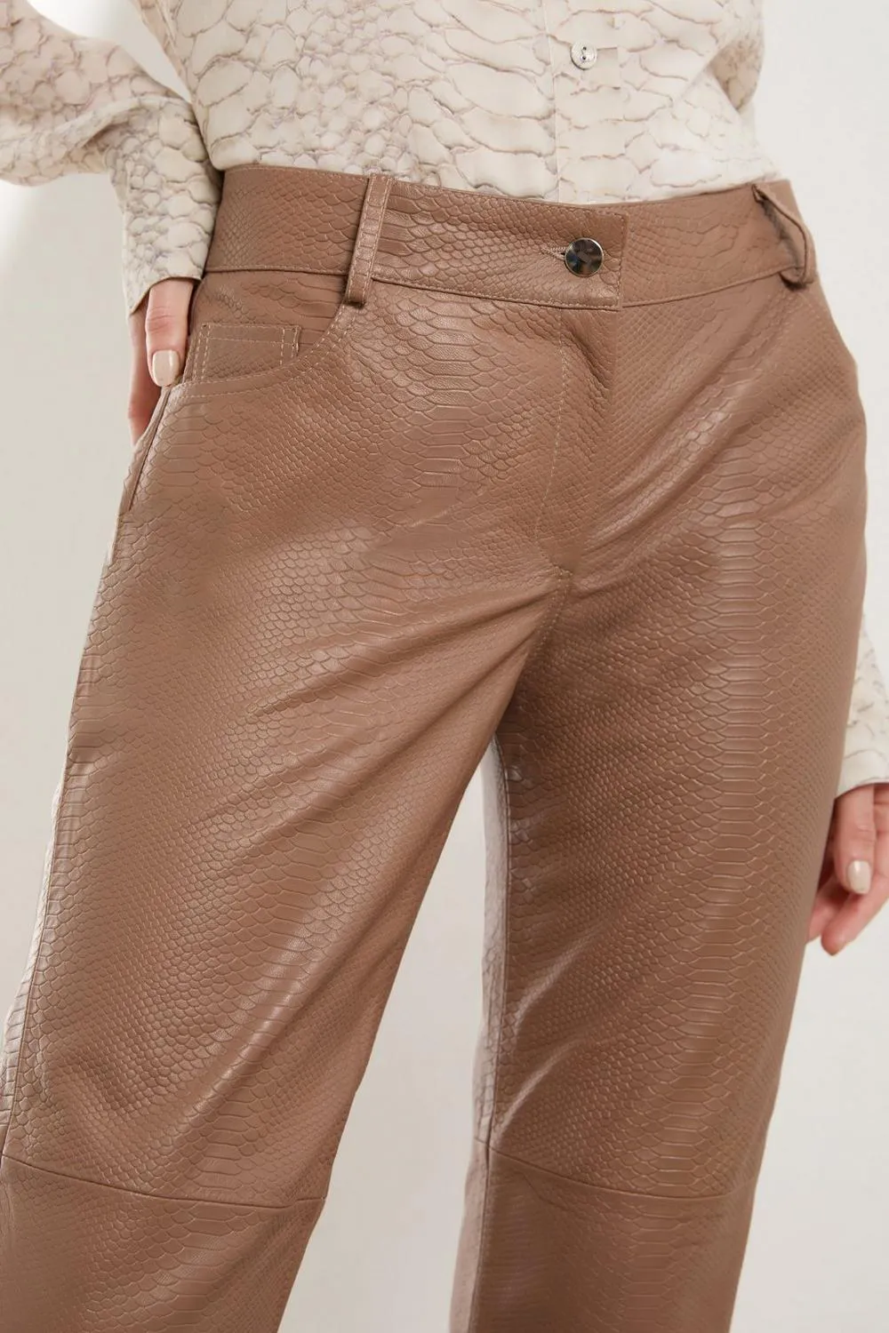 Snake Print Leather Slim Leg Low Rise Trousers