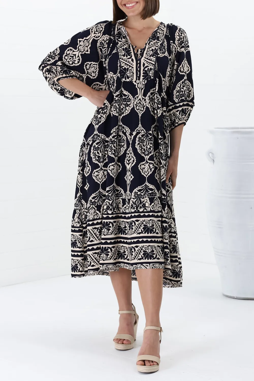 Navy Patterned Lantern Sleeve Midi Dress