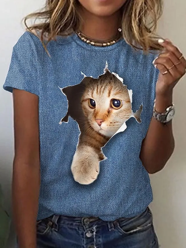 Women's T shirt Tee Black White Blue Graphic Cat Print Short Sleeve Daily Weekend Vintage Round Neck Regular 3D Cat Painting S