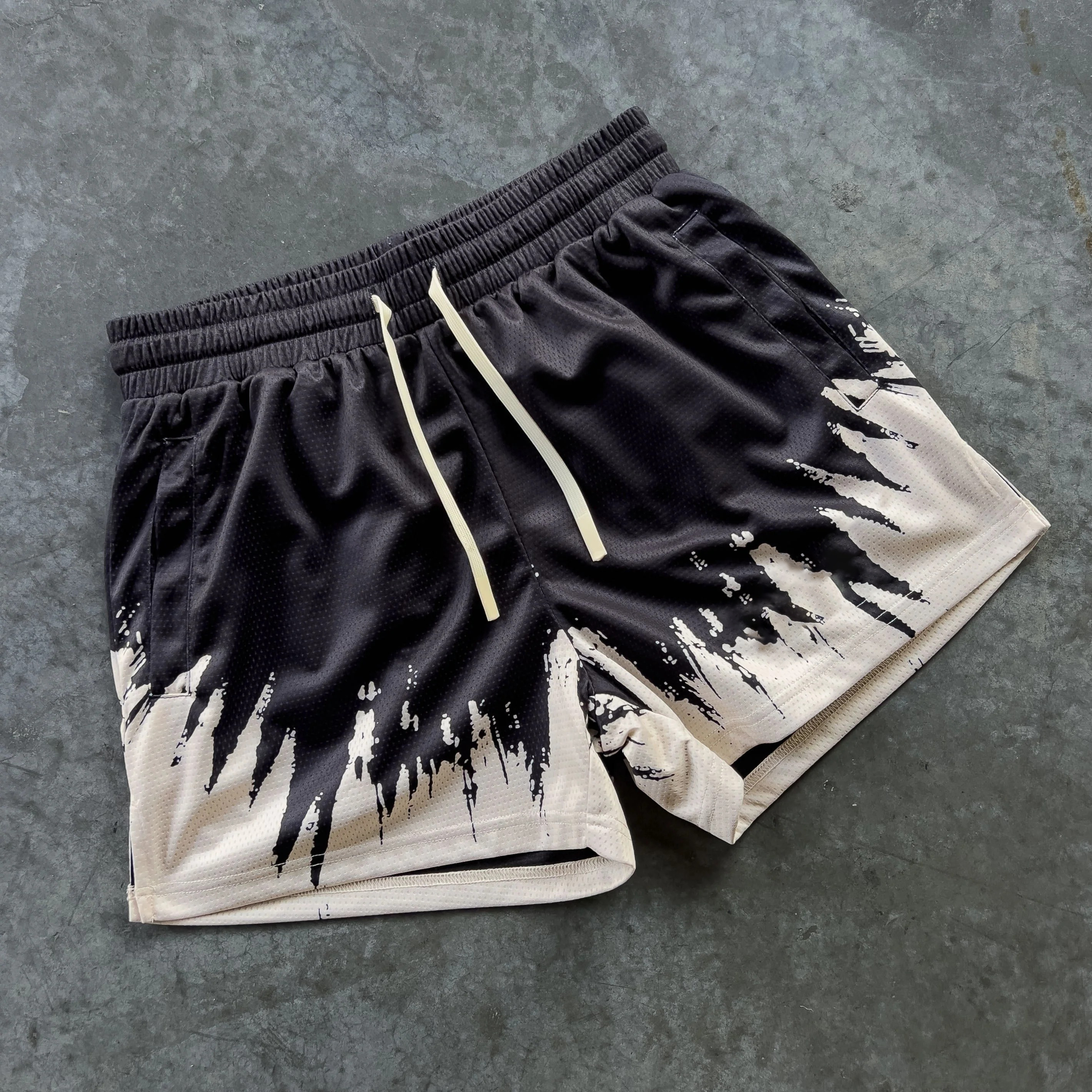 MUAY THAI SHORTS (MID THIGH CUT) SHATTER - BLACK / CREAM