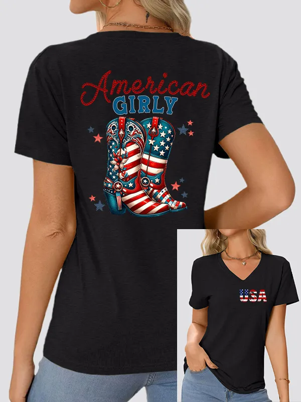 Woman'S America Girly V-Neck And Short Sleeves T-shirt
