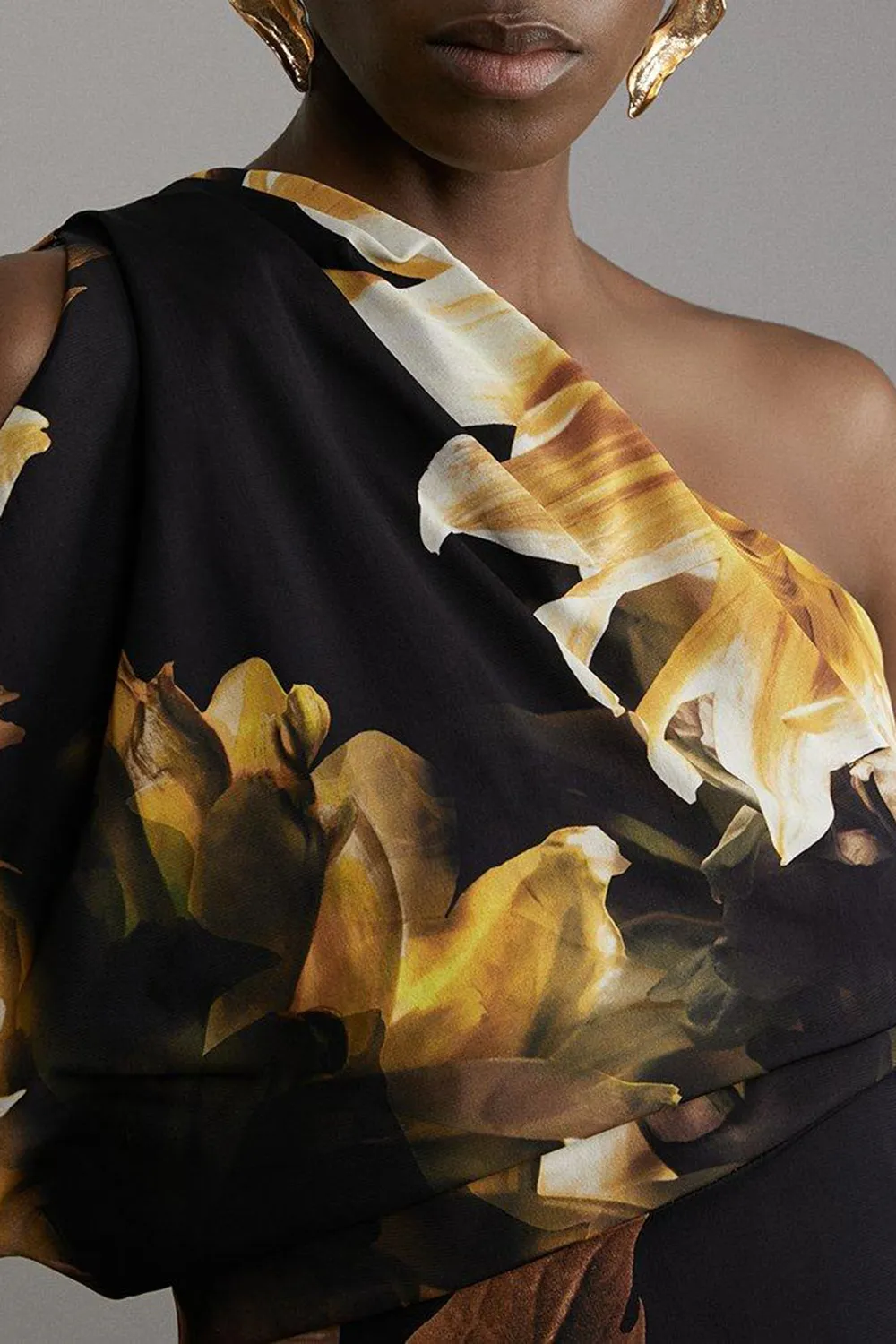 Compact Stretch Viscose Printed Photographic Floral One Shoulder Maxi Dress