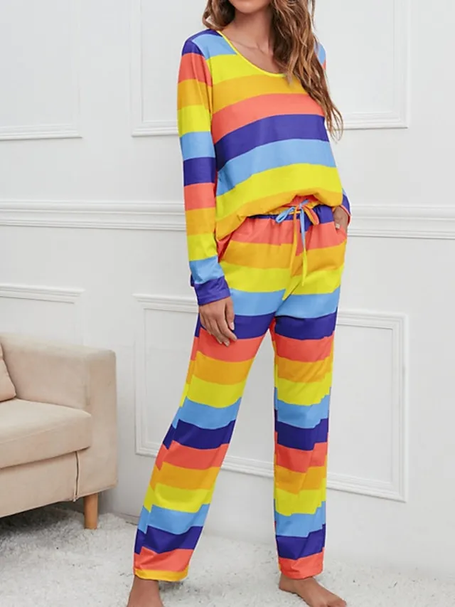Women's Pajamas Nighty Pjs Sets 2 Pieces Rainbow Stripe Fashion Comfort Soft Home Daily Bed Cotton Breathable V Wire Long Sleeve T shirt Tee Pant Spring Fall Yellow Blue