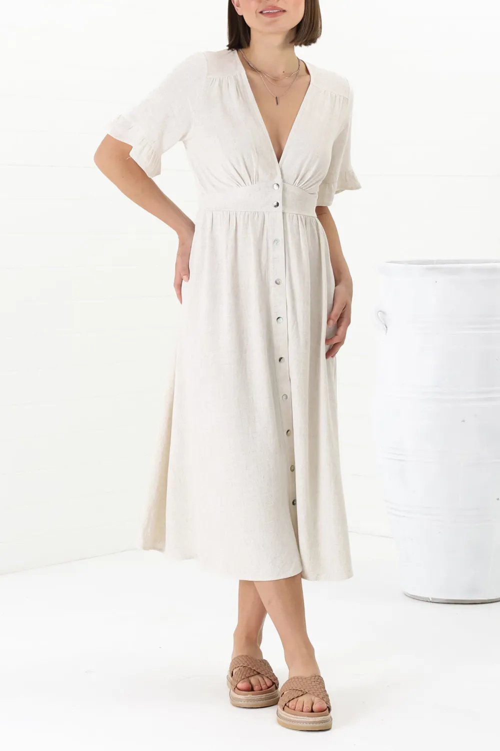 White Button Front Short Sleeve Midi Dress
