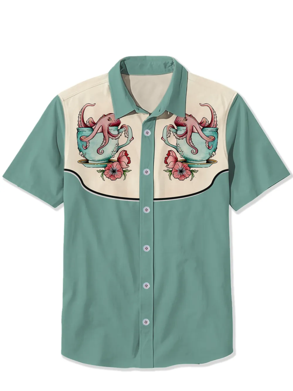 Marine Animals Octopus In Cup And Flowers Shirt