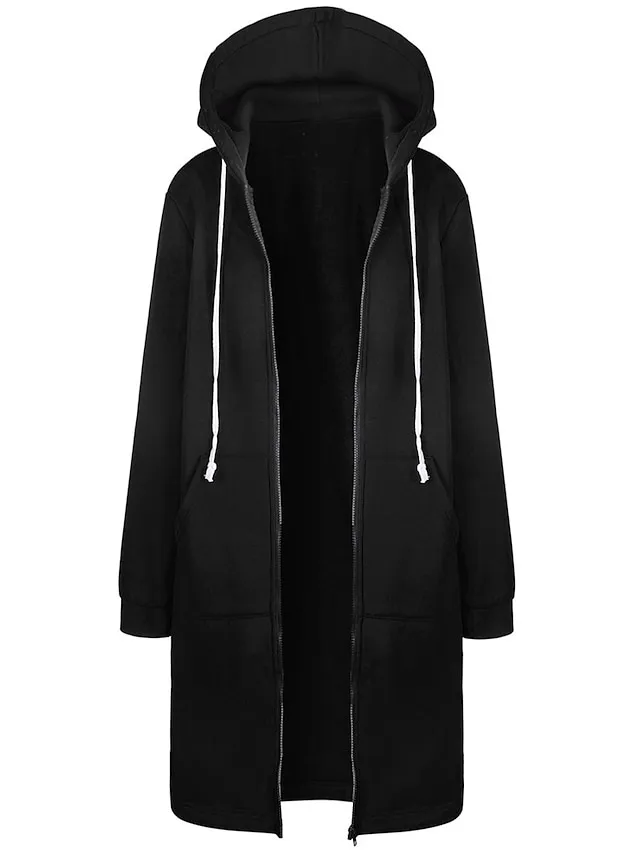 Women's Casual Jacket Fall Windproof Hoodie Jacket with Pockets Casual Workout Regular Long Coat Warm Stylish Long Sleeve Plain Black Pink Wine Sport Street