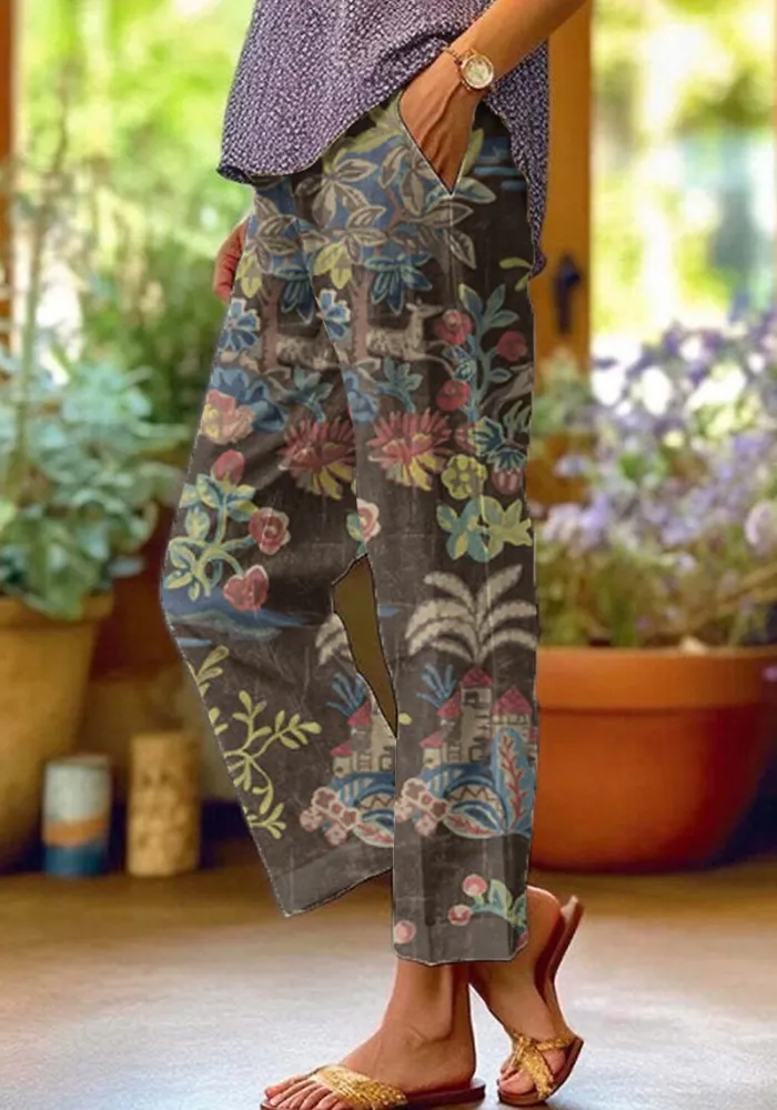 Women's Casual Protective Forest Print Cotton and Linen Loose Trousers