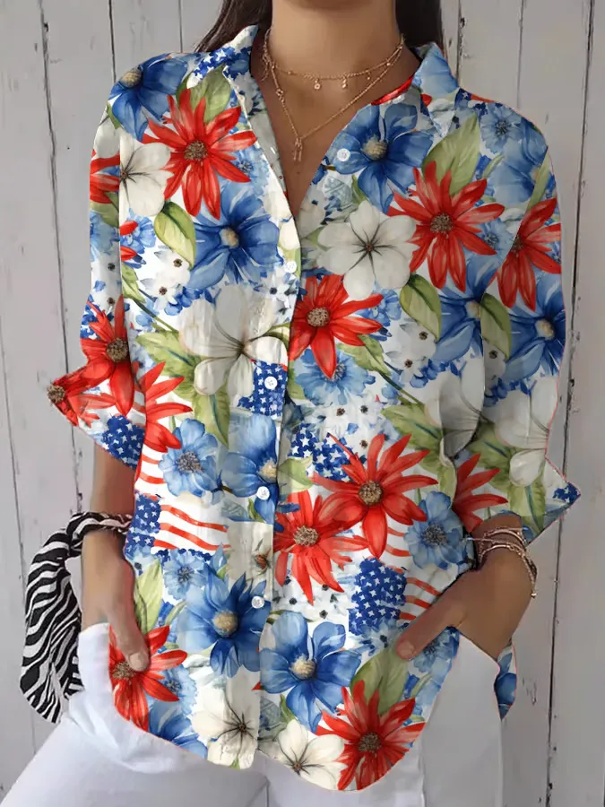 Women'S Flower Print Lapel Shirt