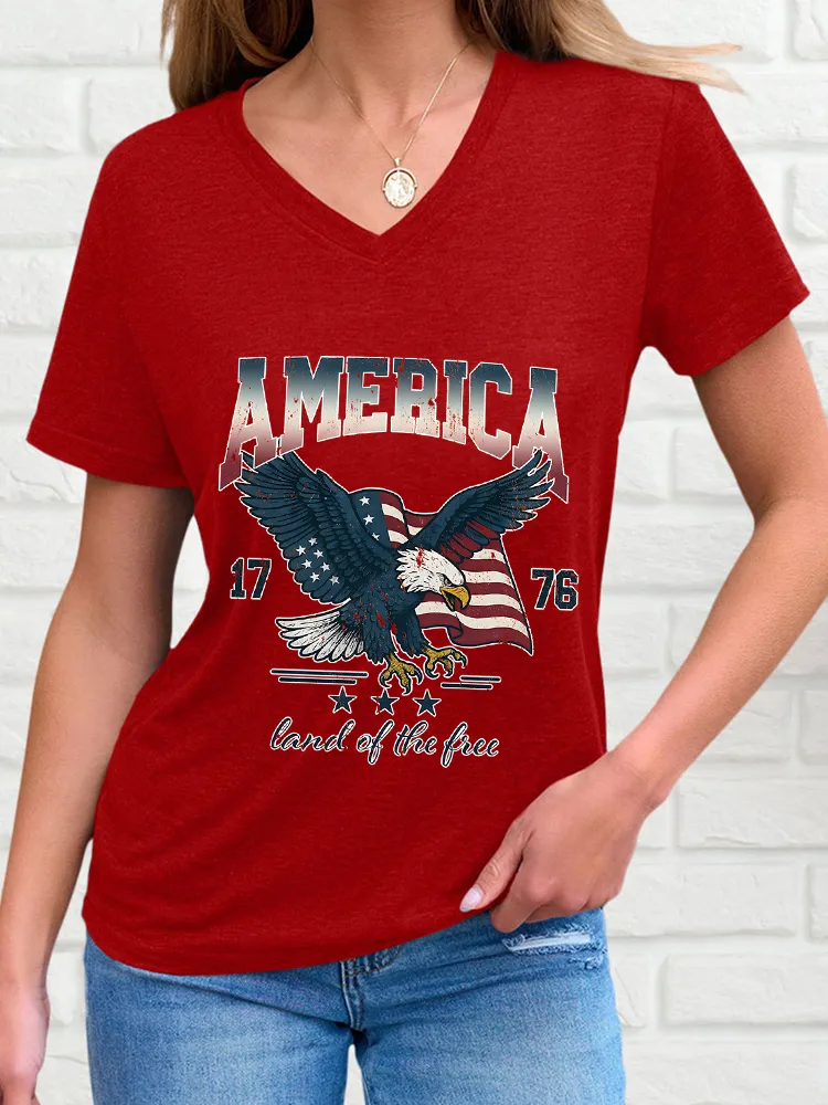 Woman'S America 1776 Land And Free V-Neck And Short Sleeves T-Shirt