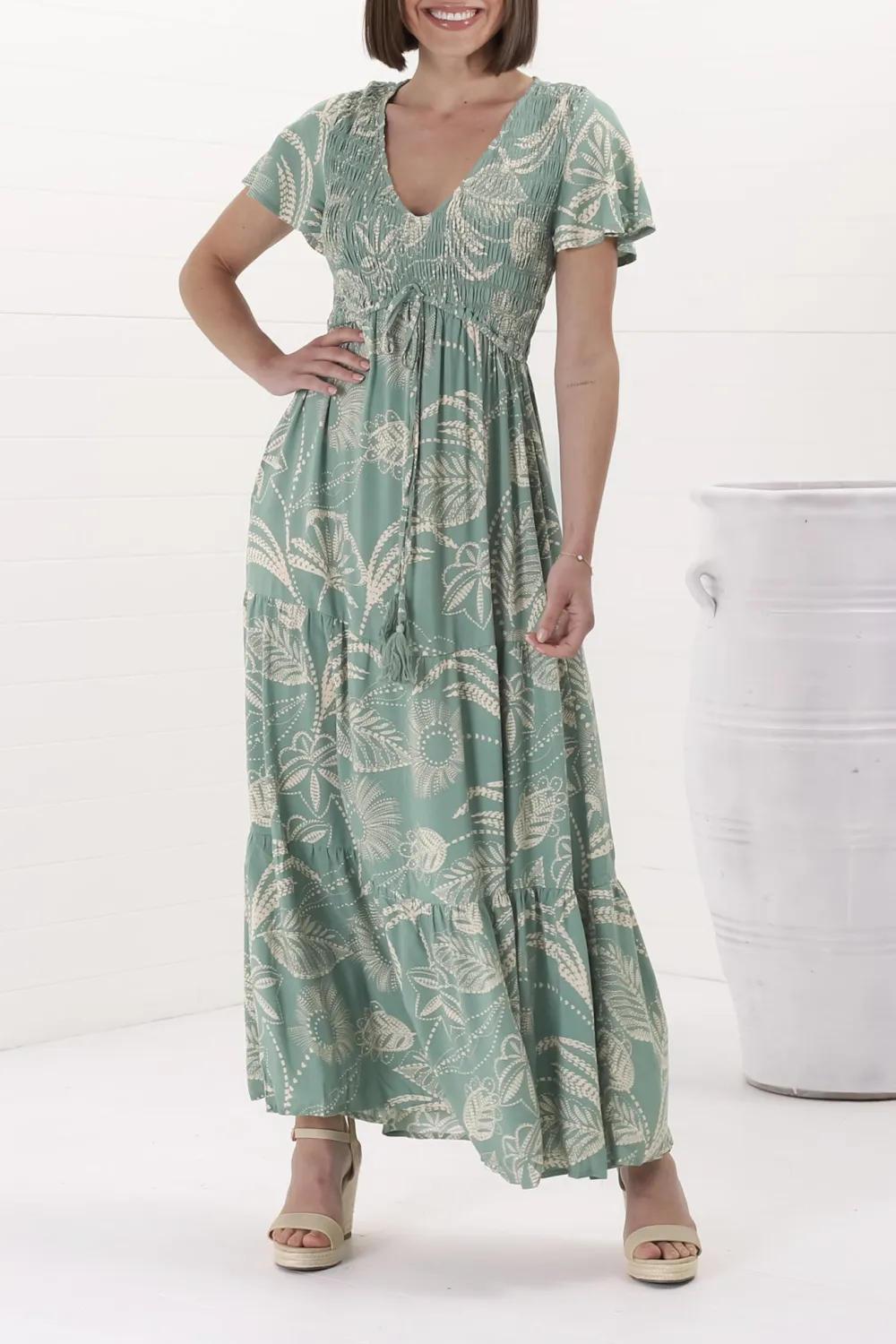 Light Green Leaf Print Tiered Maxi Dress