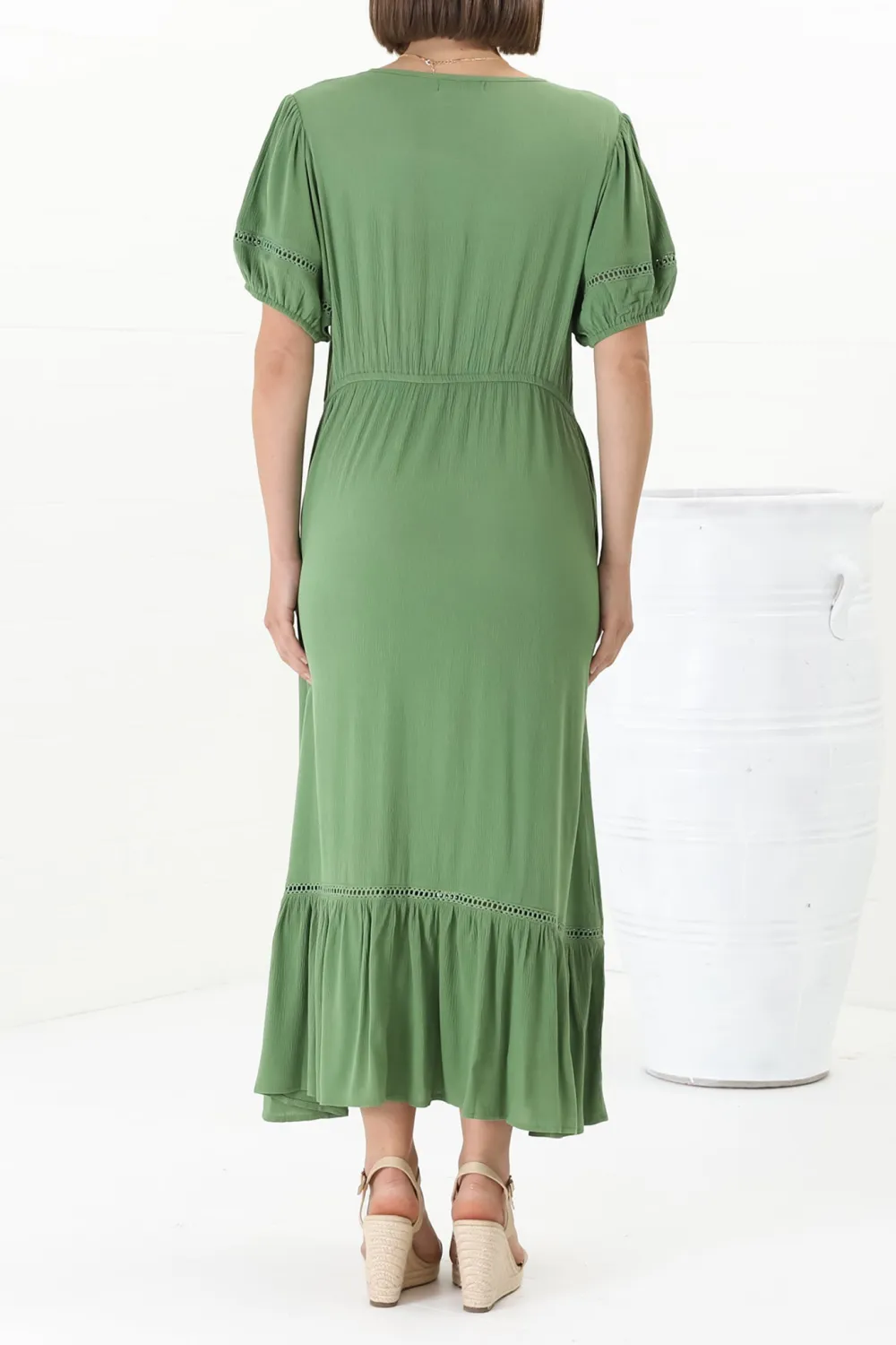 Green V Neck Short Sleeve Ruffled Maxi Dress